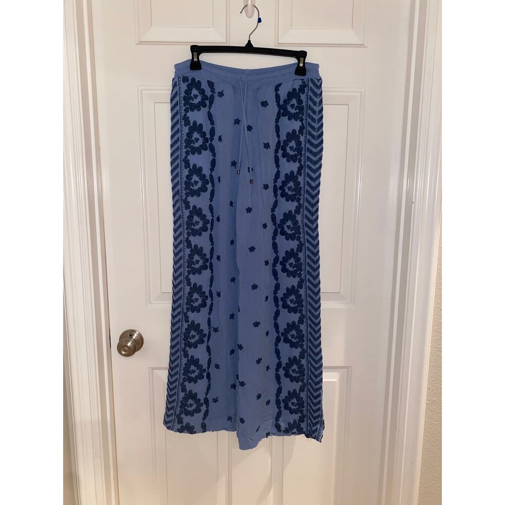 Hale Bob Pants Wide Leg Ankle Blue Embroidered Double Layer Elastic Waist Small